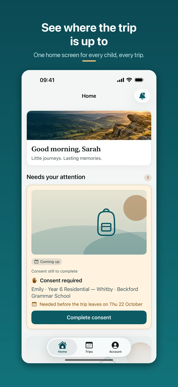 Current iPhone parent home screen with a trip requiring consent and upcoming visits.