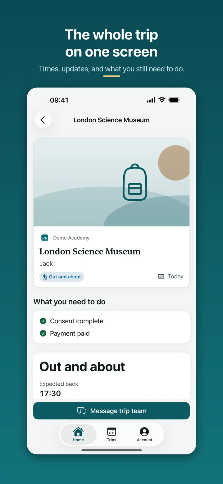 Current iPhone trip overview with completed consent, recorded payment status and the message trip team button.