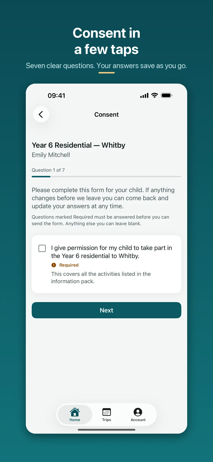 Trip Manager iPhone consent form with a required permission question.