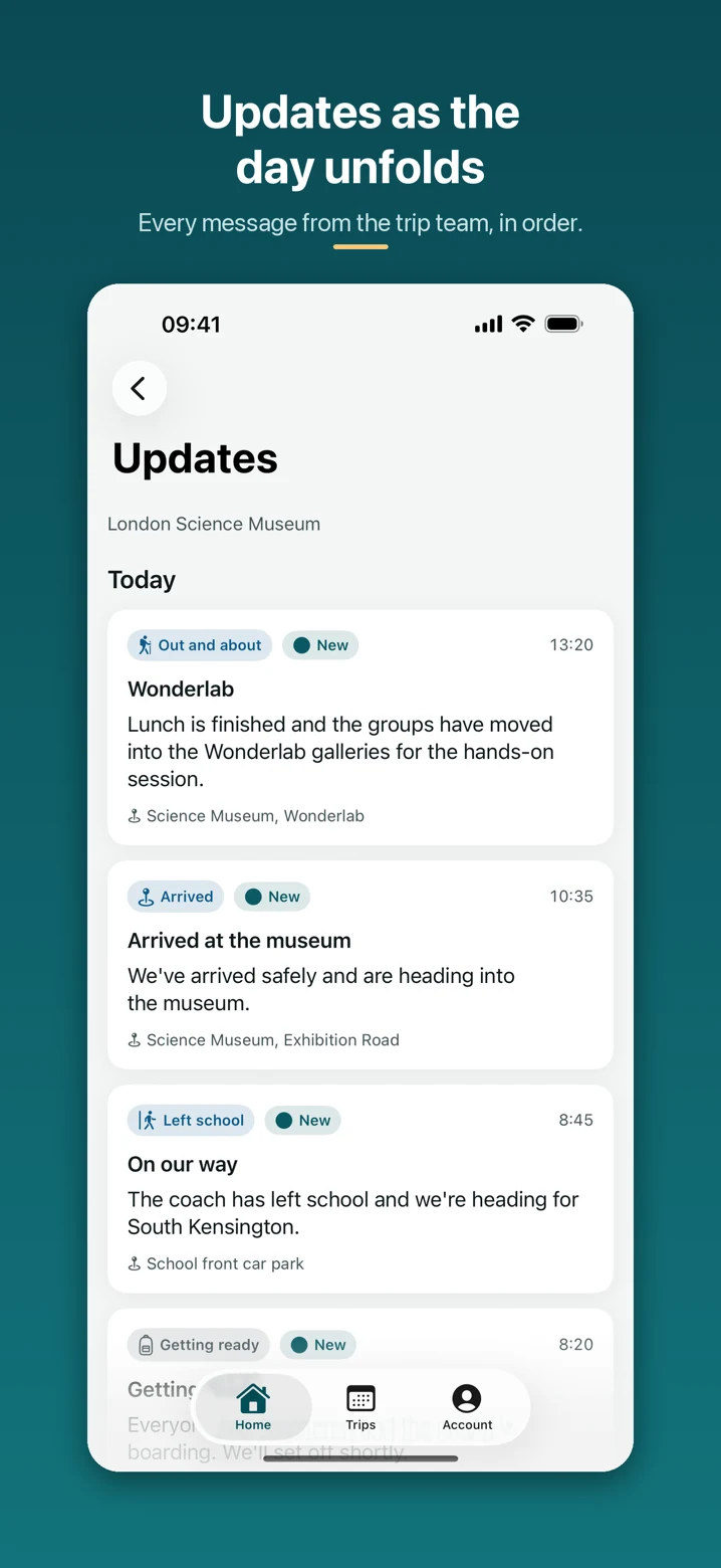 Current Trip Manager iPhone updates screen, showing messages and published locations from the trip team in time order.
