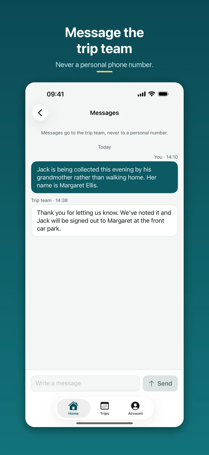 Trip Manager iPhone conversation between a parent and the trip team.