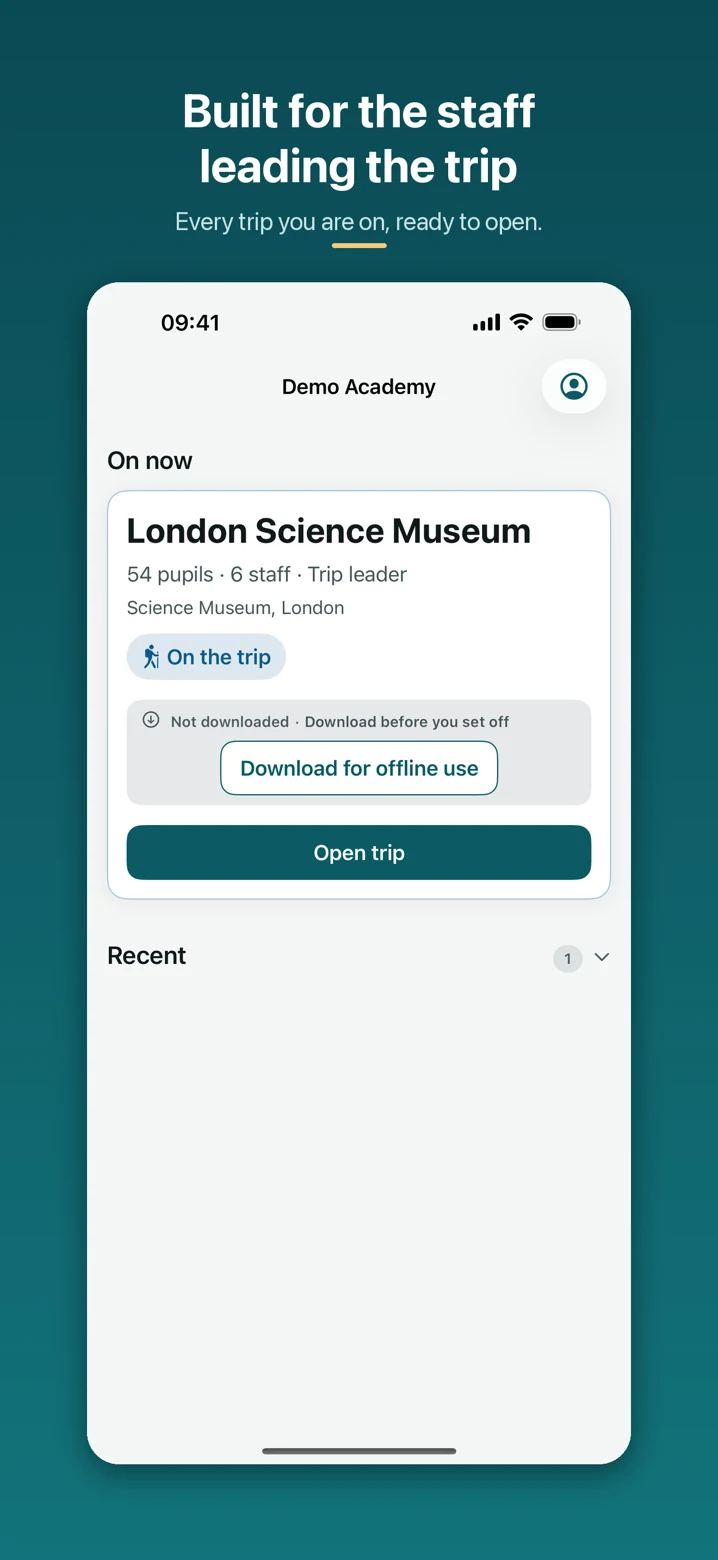 Trip Manager iPhone staff home with an assigned trip and download for offline use button.