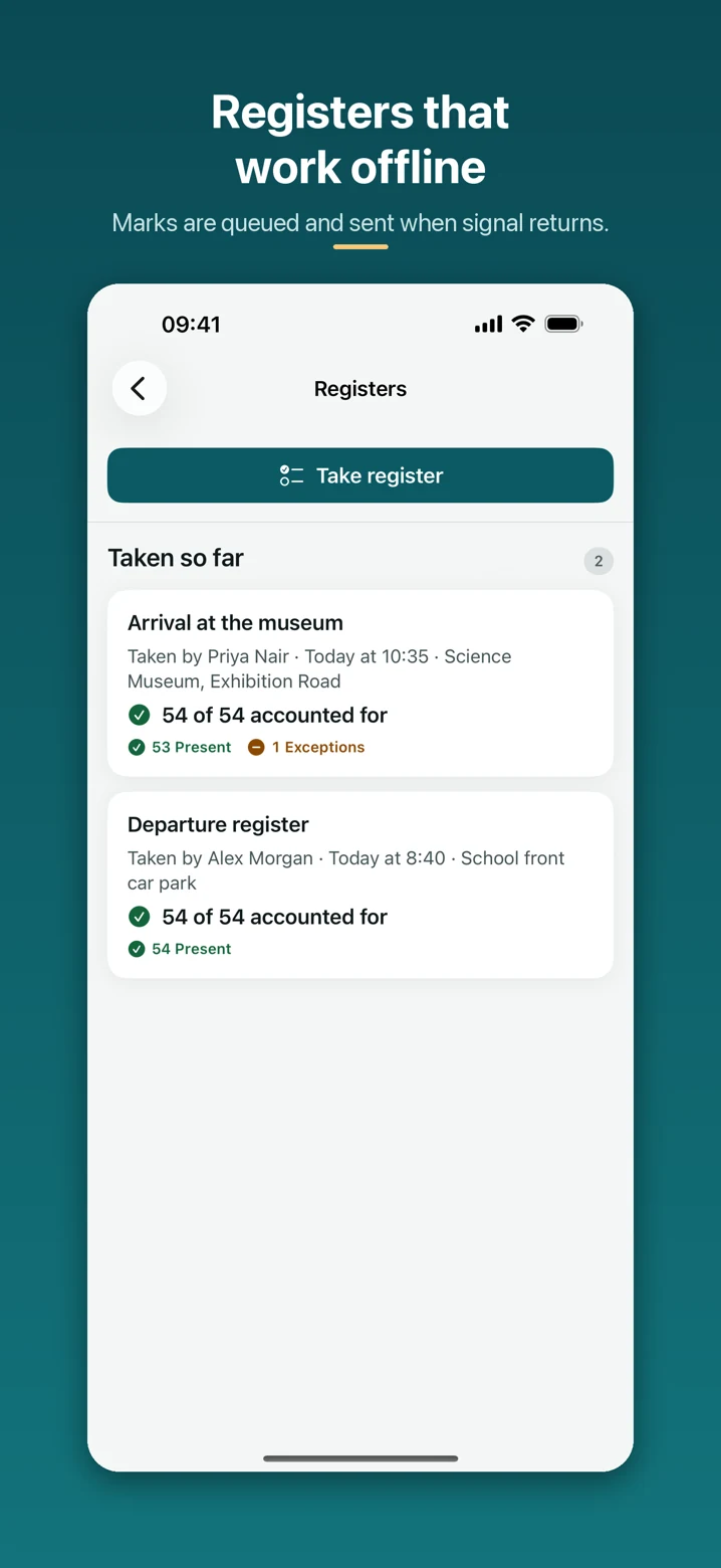 Current Trip Manager iPhone staff registers screen, showing saved arrival and departure registers and attendance totals.