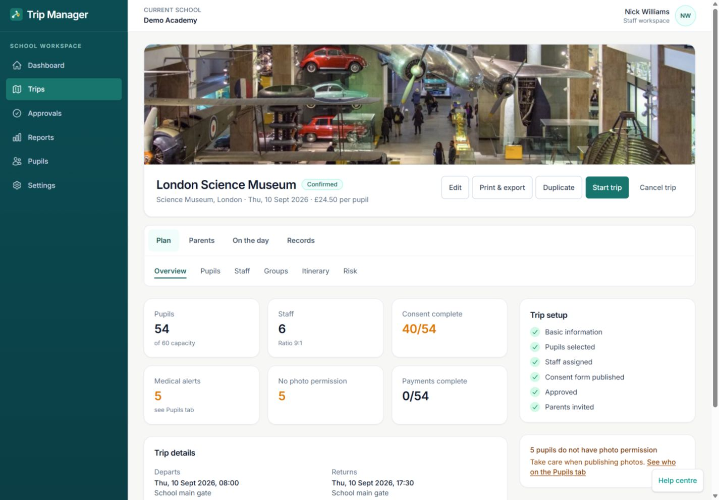 The redesigned Trip Manager desktop workspace with a left-hand menu, a destination cover, Plan, Parents, On the day and Records section groups, pupil and staff counts, consent and payment progress, and a setup checklist.